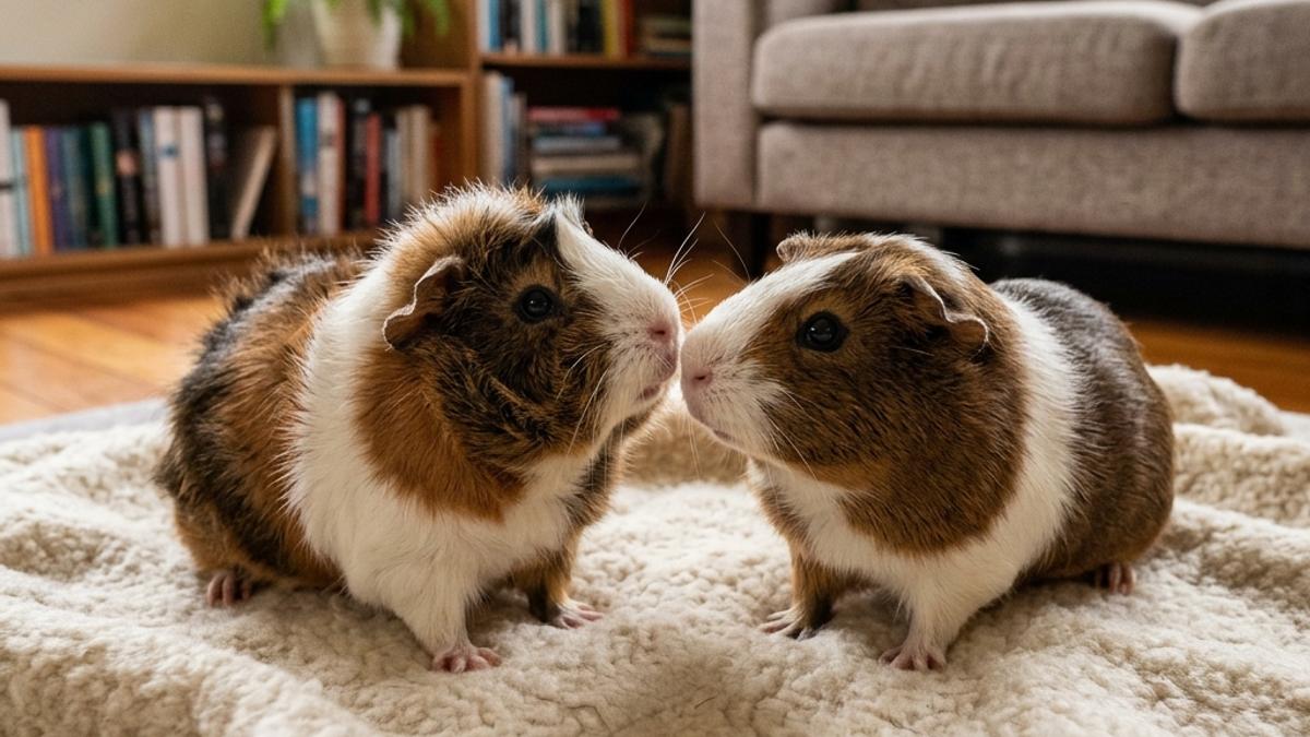 Two guinea pigs sniffing each other gently on a soft fleece blanket inside a New Zealand home