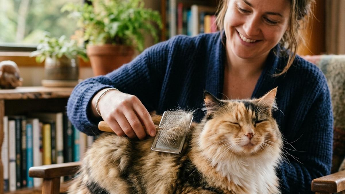 A calico cat sitting relaxed on an armchair while its owner gently brushes its long coat in a warm Kiwi home