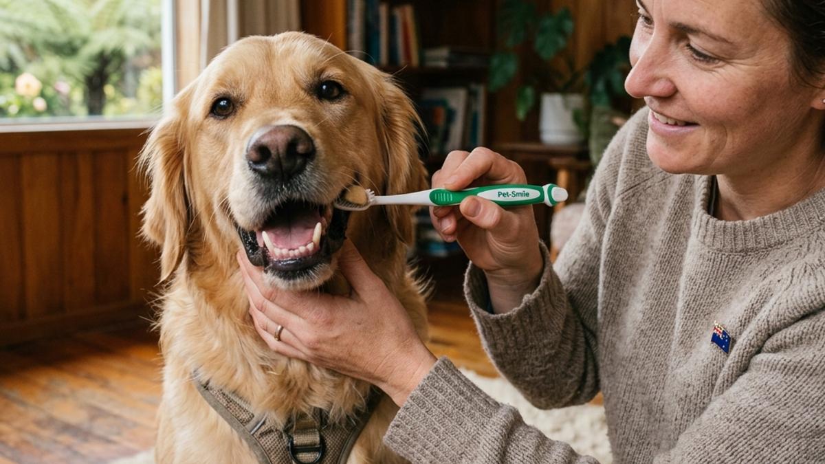 An owner gently brushing a golden retriever's teeth with a pet-safe toothbrush inside a New Zealand home