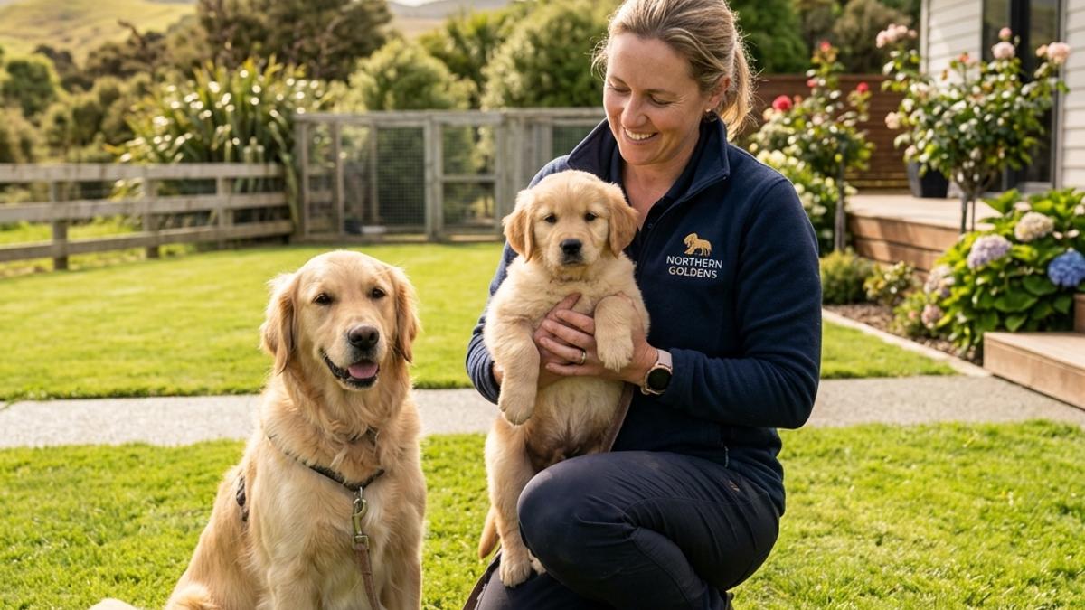 A professional dog breeder kneeling and holding a golden retriever puppy next to its mother in New Zealand