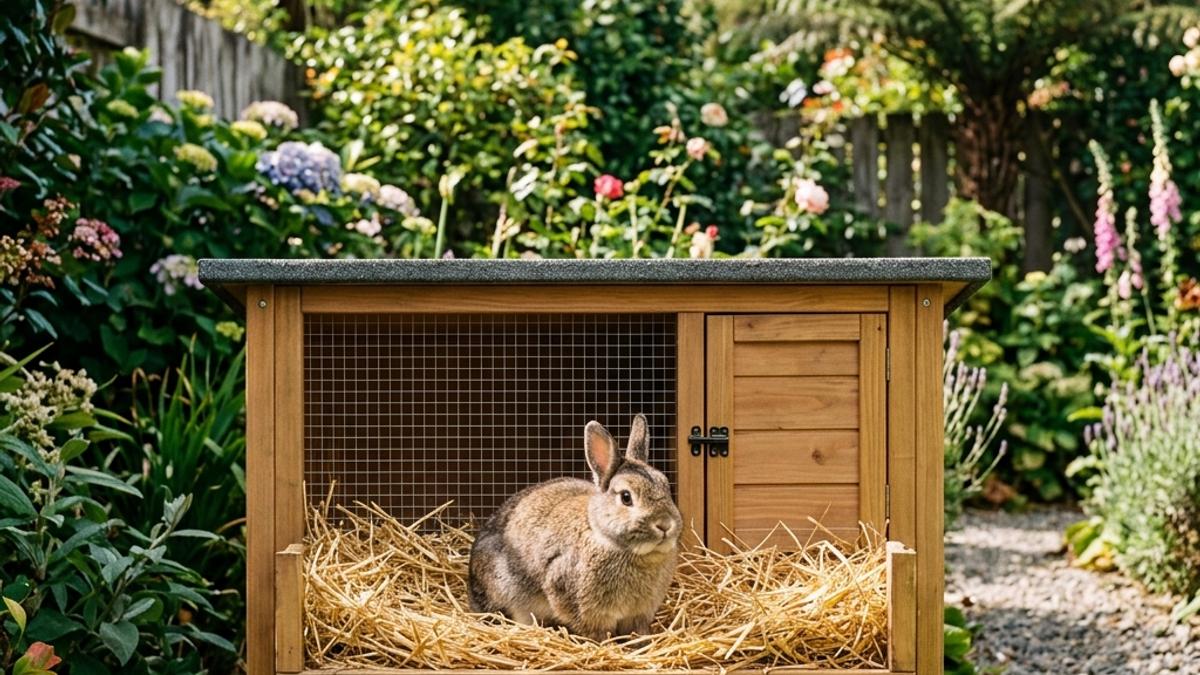 A clean wooden rabbit hutch filled with fresh straw bedding in a green New Zealand backyard garden