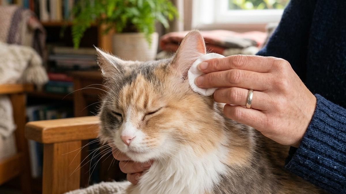 An owner using a soft cotton ball to gently wipe the ear of a calm calico cat inside a New Zealand home