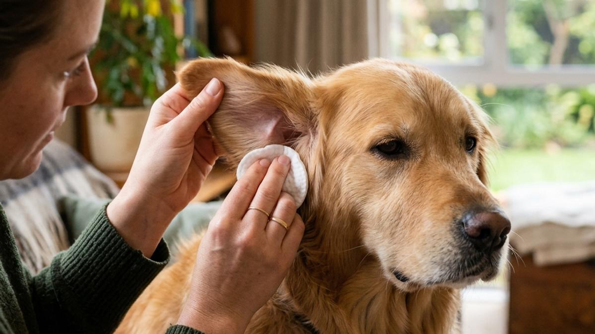 An owner using a cotton pad to gently clean the ear of a golden retriever inside a warm Kiwi home