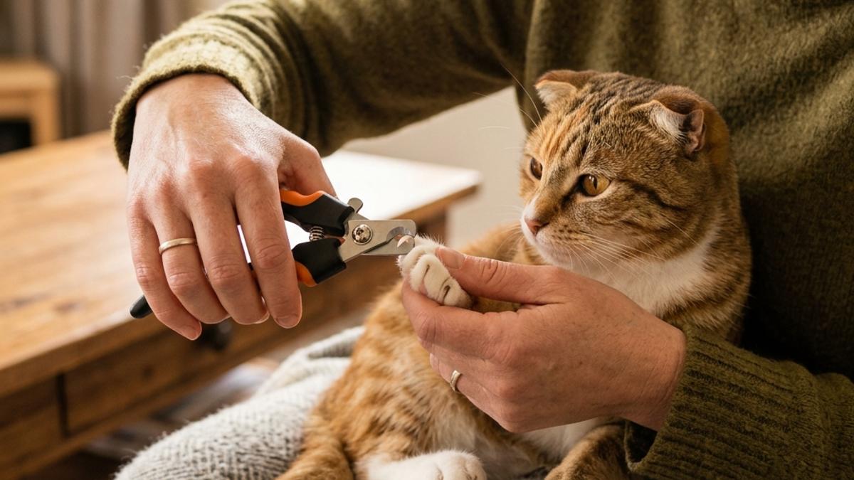An owner gently squeezing a cat's paw to reveal the claw and clipping the tip with specialized orange clippers