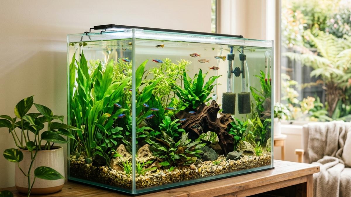 A beautifully cycled freshwater fish tank with live plants and small colorful fish in an NZ home