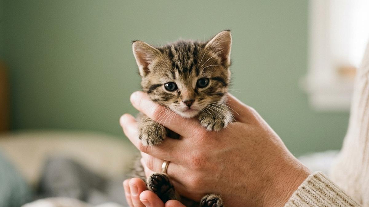 A close-up of a person holding a small domestic tabby kitten gently in their hands in a cozy home setting