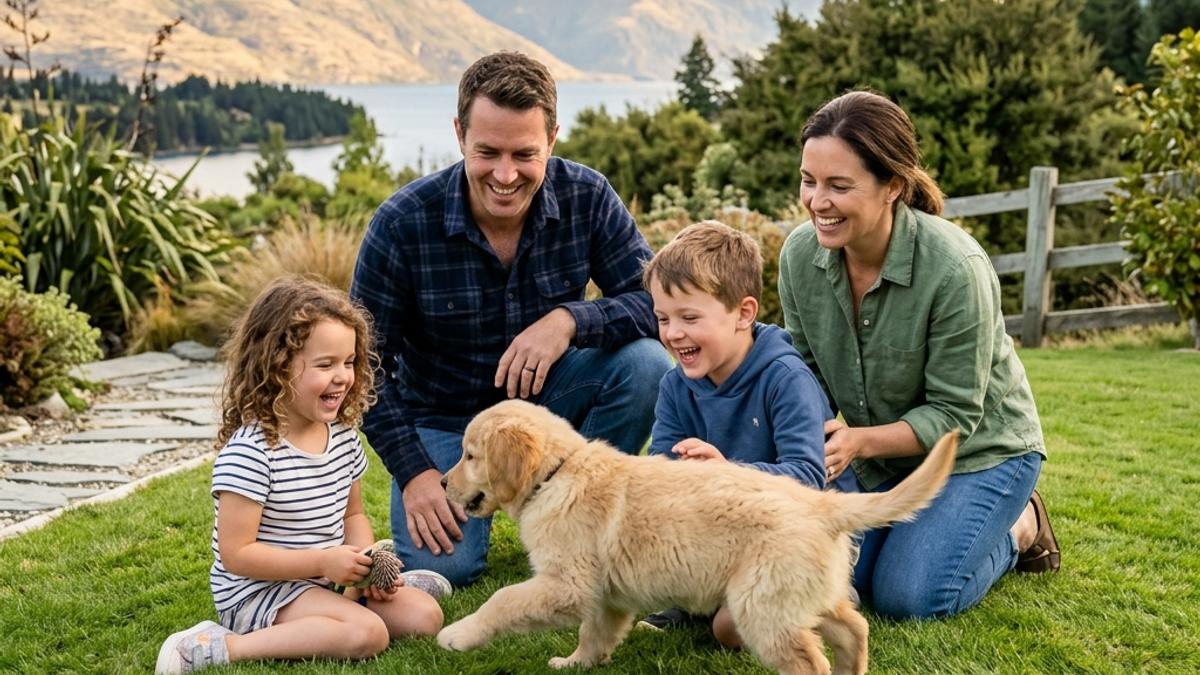 A family playing with a golden retriever puppy on a lawn with New Zealand mountains and lake in the background