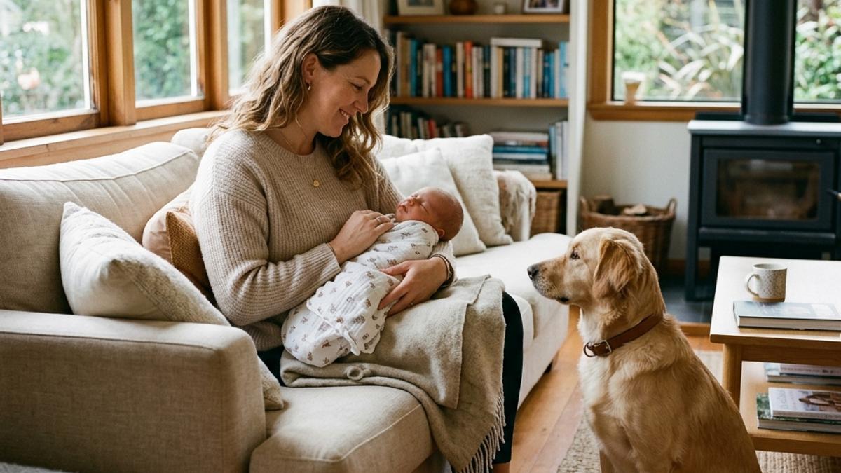A golden retriever sitting politely at a safe distance on the rug while a mother holds her newborn baby on a sofa