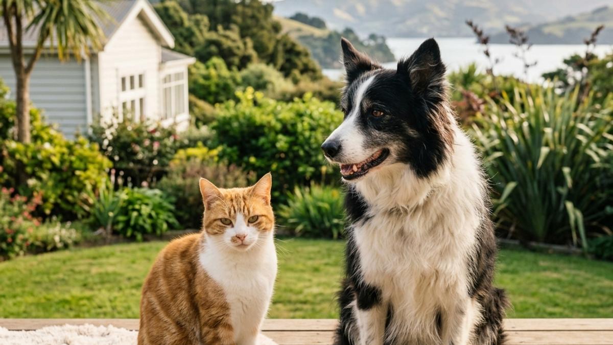 A happy cat and a dog in a New Zealand setting, illustrating how to introduce a new cat to a dog: nz step