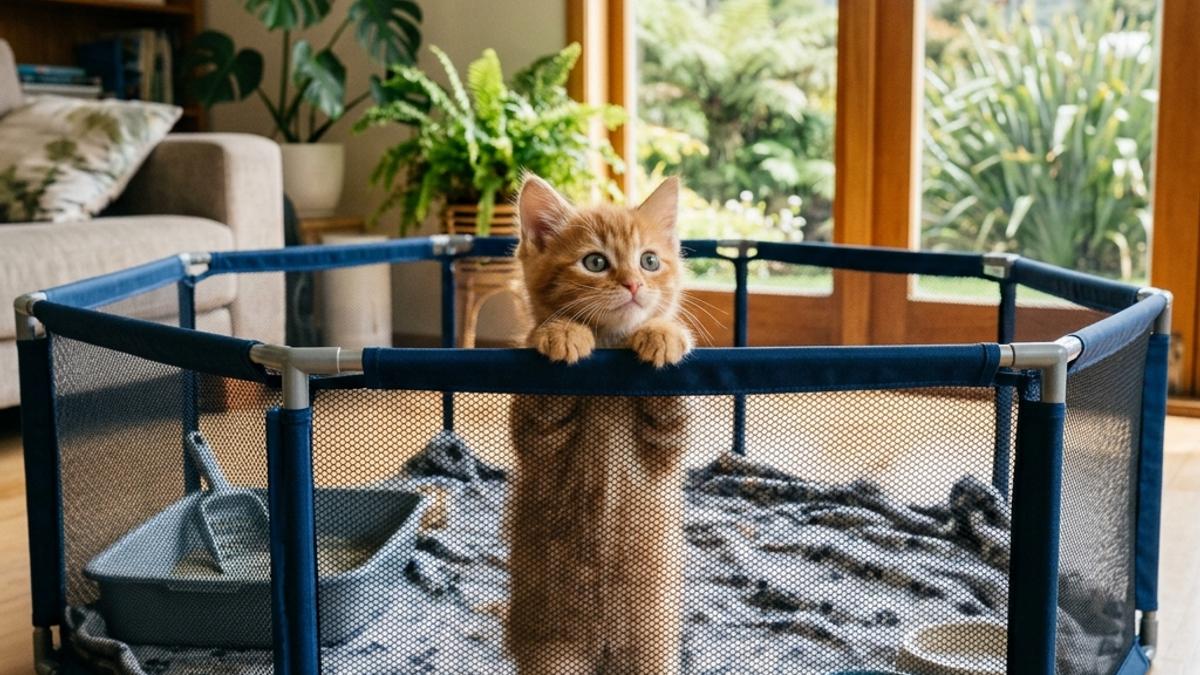 A tiny ginger kitten looking out curiously from a safe mesh enclosure inside a bright New Zealand living room