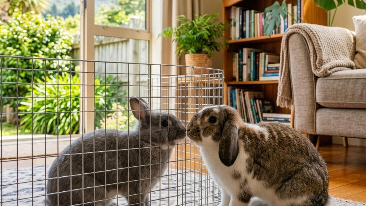 Two pet rabbits safely meeting face-to-face through a low wire partition in a bright New Zealand living room