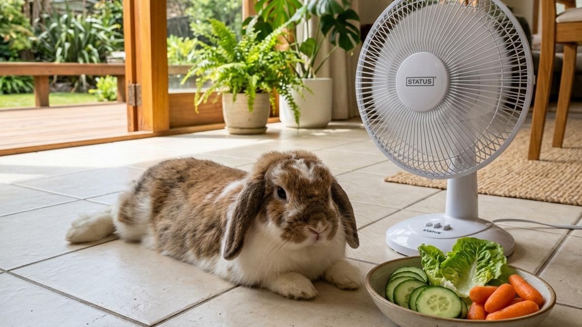 A fluffy rabbit cooling down on ceramic floor tiles next to an electric fan in a Kiwi living room during summer