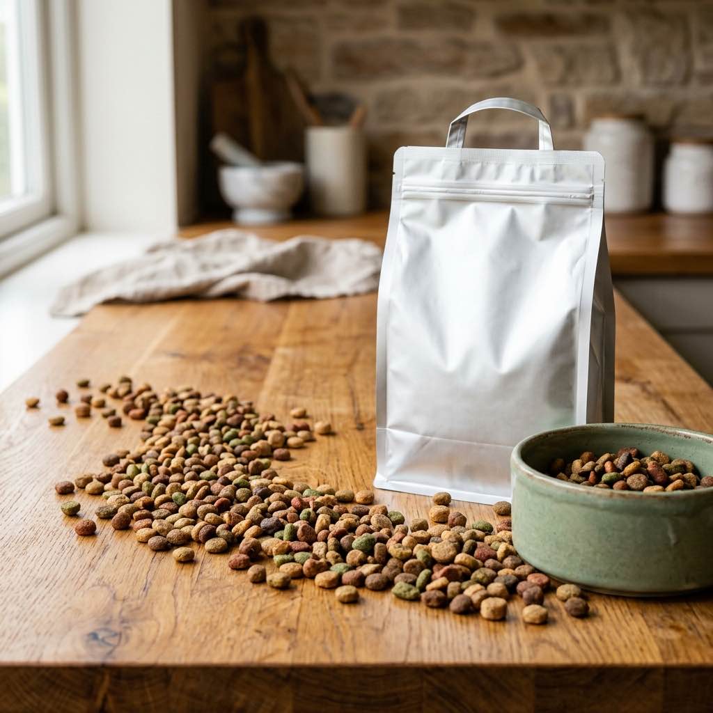 High-quality premium pet food kibbles scattered artistically next to a blank silver pet food bag