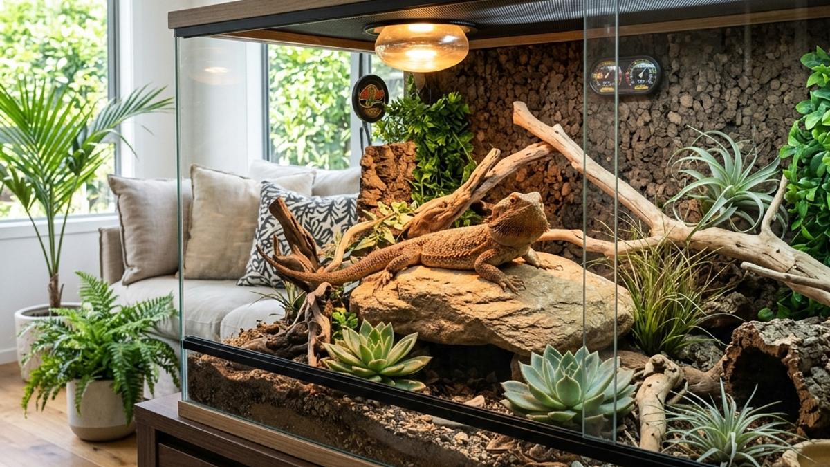 A modern bearded dragon terrarium set up with branches, rock basking area under warm heating lamp in New Zealand