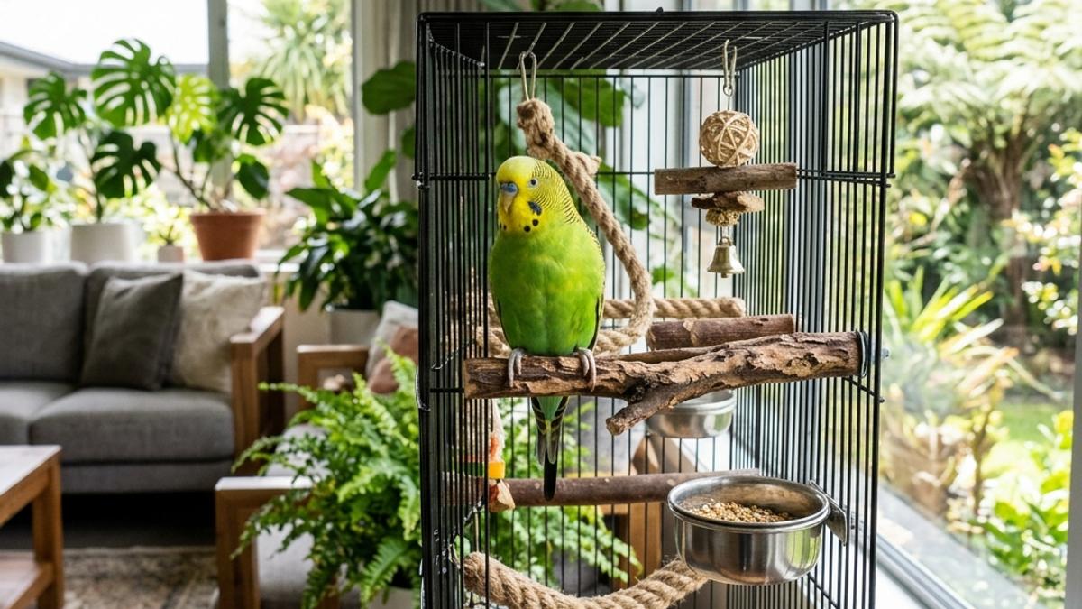 A green budgie perched inside a spacious and well-equipped bird cage in a bright New Zealand home
