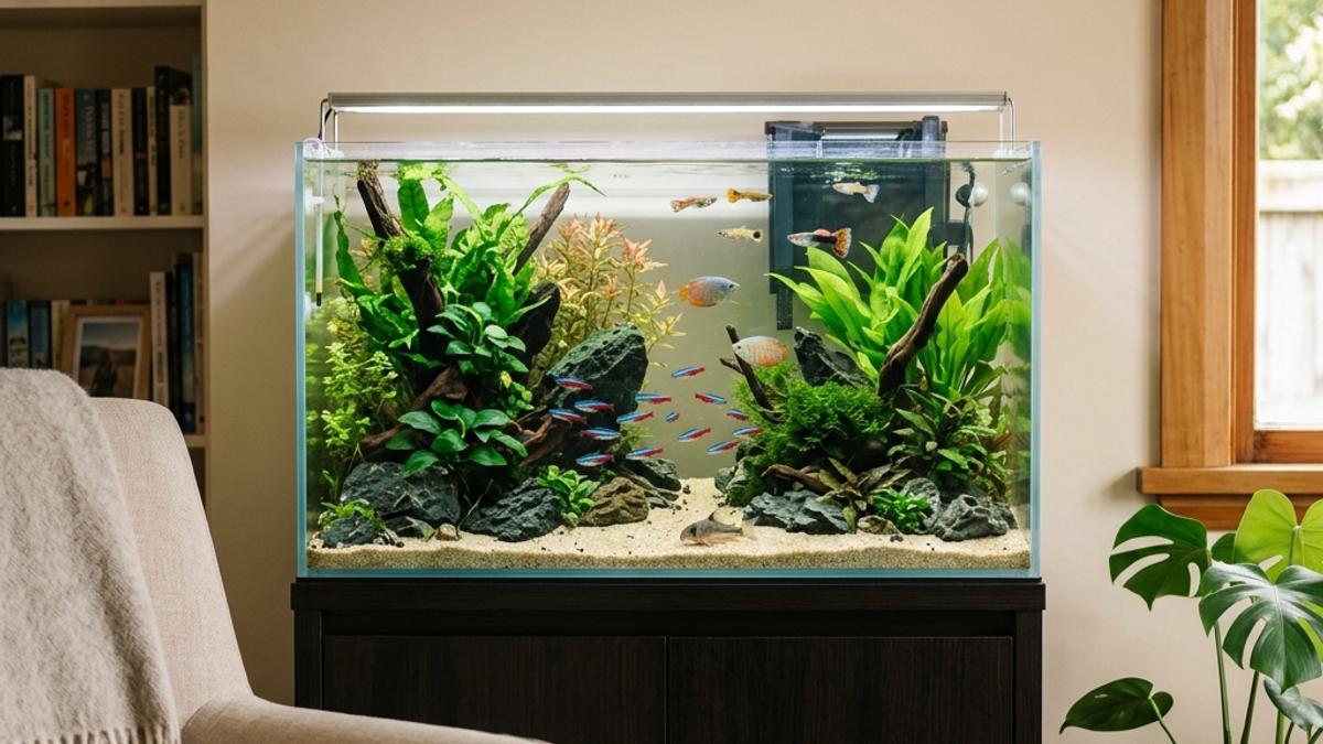 A beautiful and clean beginner aquarium in a New Zealand setting