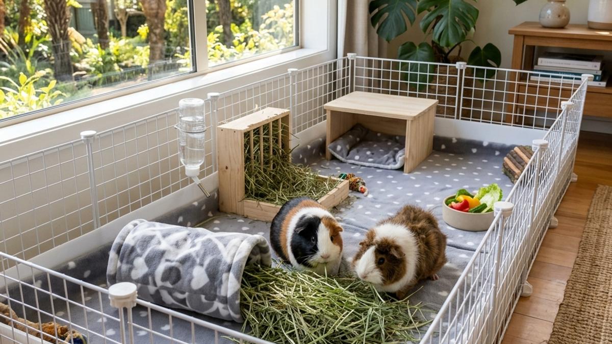 A large C&C guinea pig enclosure set up with fabric fleece liners and Timothy hay in an NZ living room