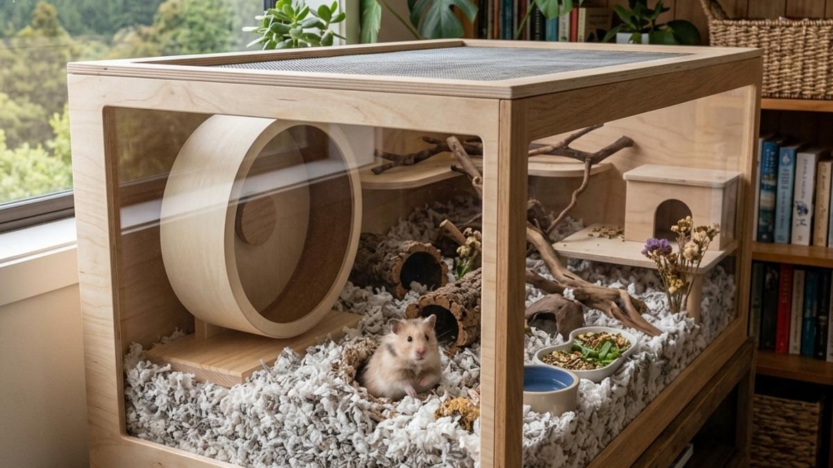 A spacious wooden hamster cage with deep bedding and a large running wheel in a cozy NZ bedroom