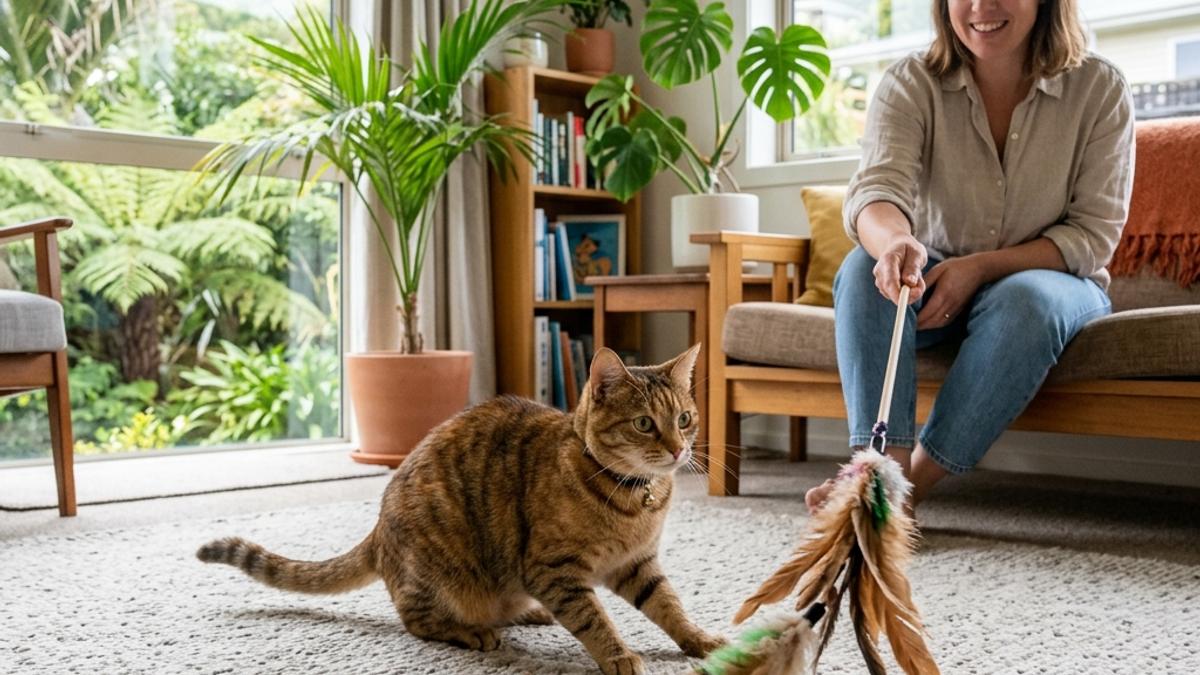 A domestic cat playing gently with a feather toy redirected by its owner in a modern Kiwi living room