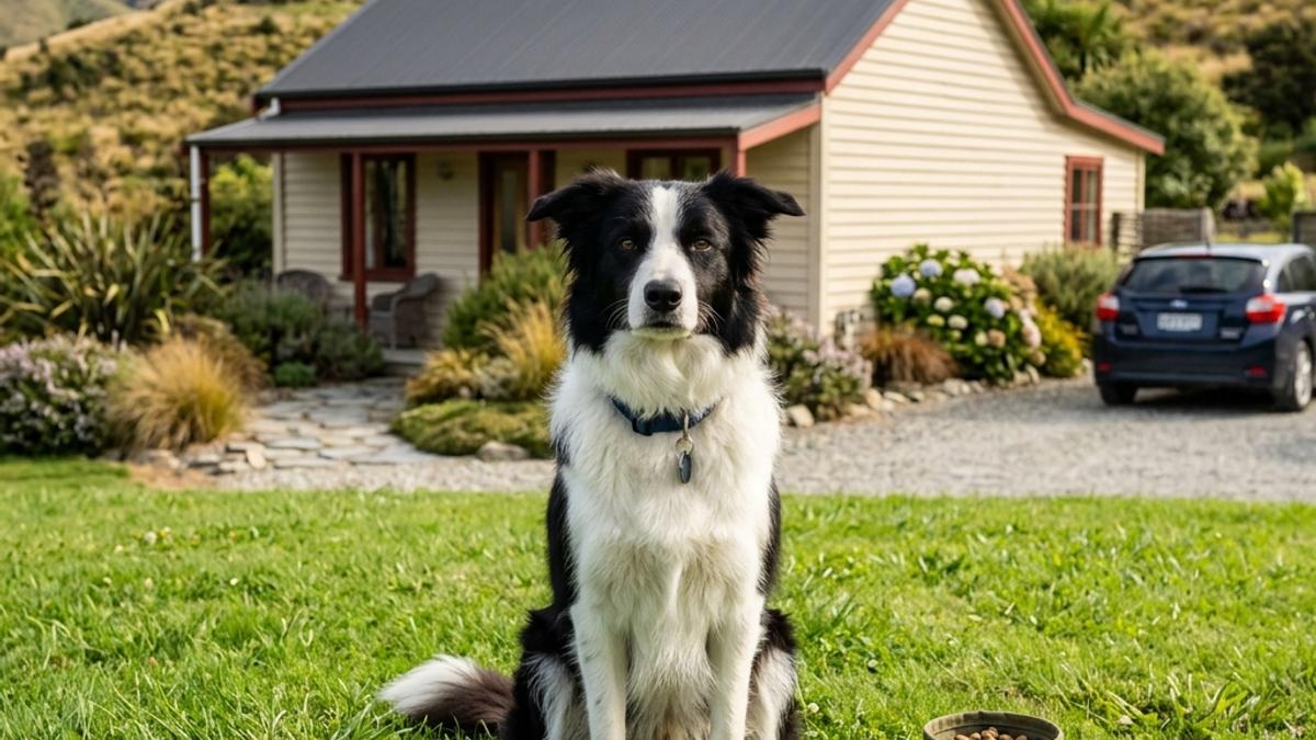 A calm border collie sitting quietly on front lawn grass in front of a rural Kiwi cottage with a training treats pouch