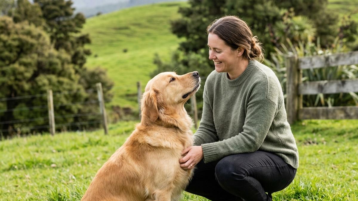 A happy dog in a New Zealand setting, illustrating how to stop a dog jumping up on people: nz guide