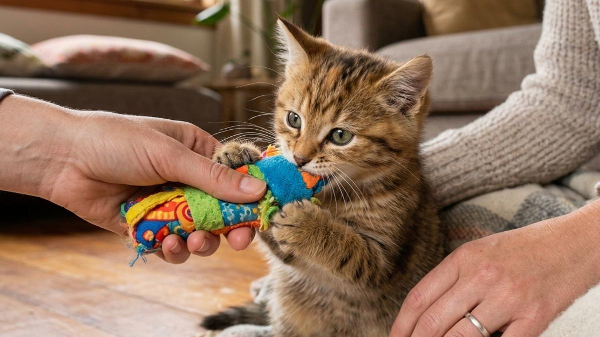 A tabby kitten being redirected to play and bite a fabric kicker toy instead of biting its owner's hand