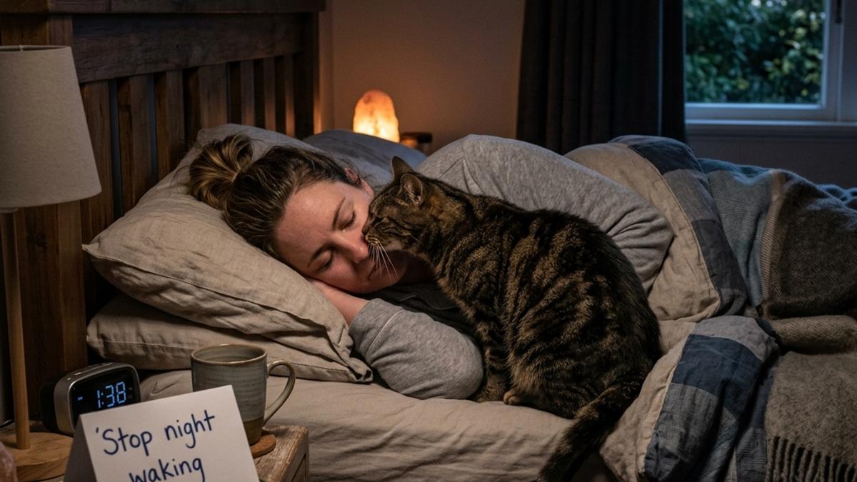 A tabby cat nudging its sleeping owner on a bed at night next to a Stop night waking card