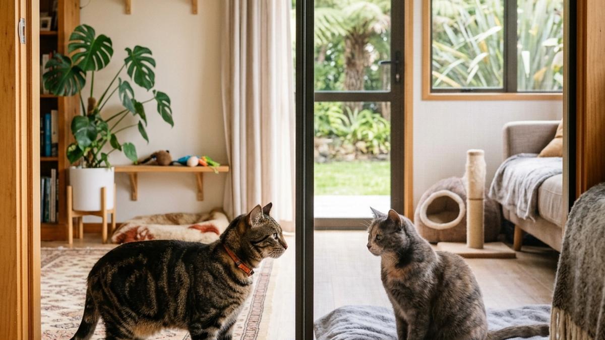 Two cats in a multi-cat New Zealand home sitting calmly on opposite sides of a tall mesh screen door