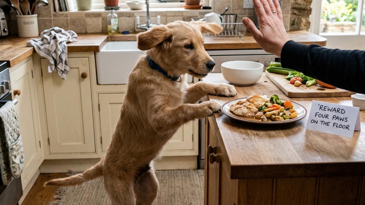 A golden retriever puppy jumping to reach kitchen counter food while a hand blocks next to warning card