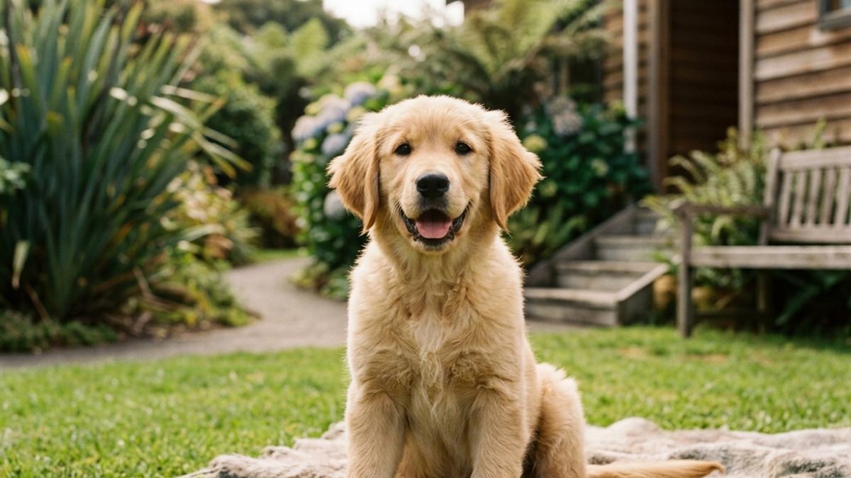 A happy puppy in a New Zealand setting, illustrating how to stop puppy biting: nz step