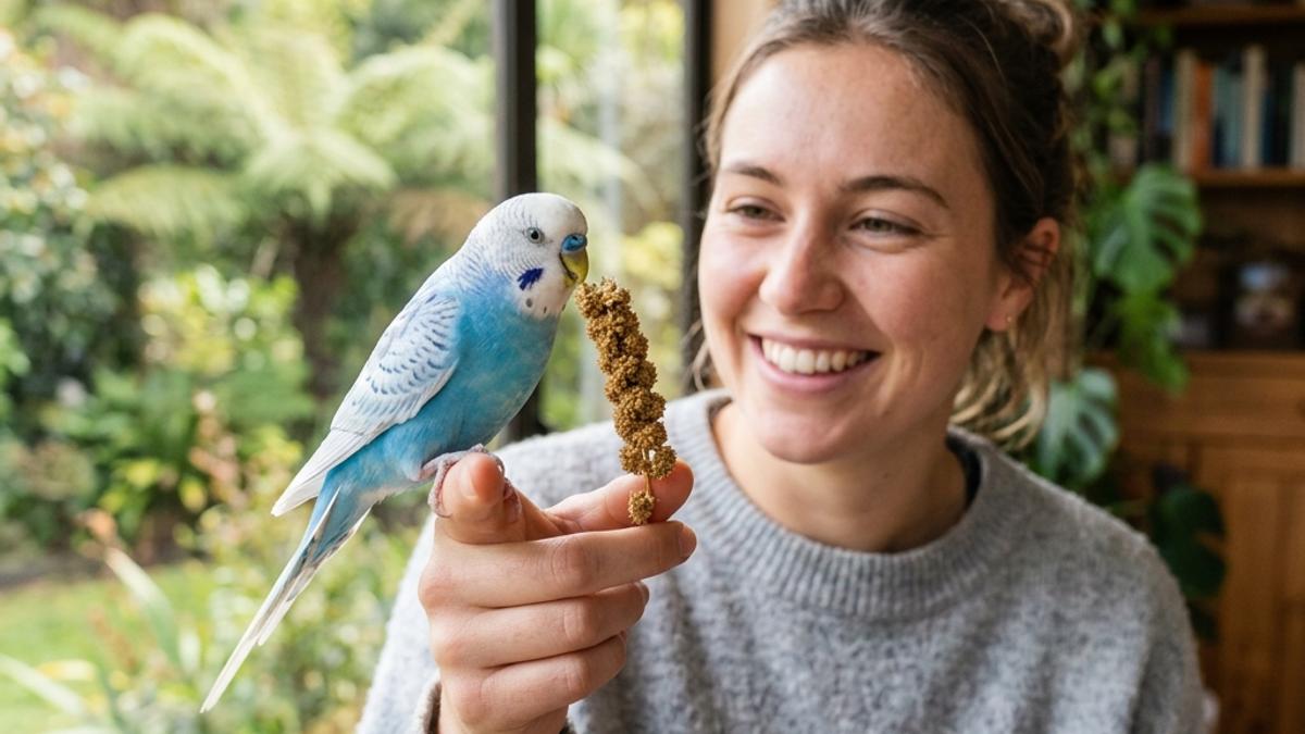 A happy budgie in a New Zealand setting, illustrating how to tame a budgie: nz step