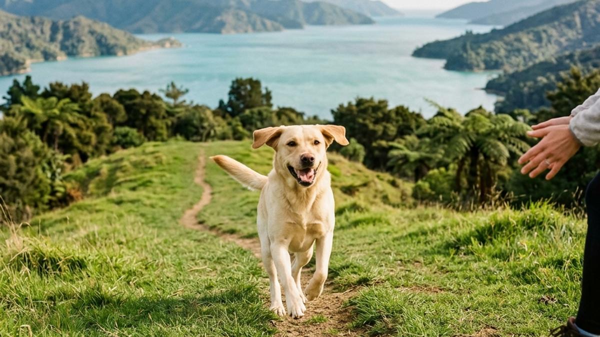 A happy dog in a New Zealand setting, illustrating how to teach a dog to come when called: nz recall guide