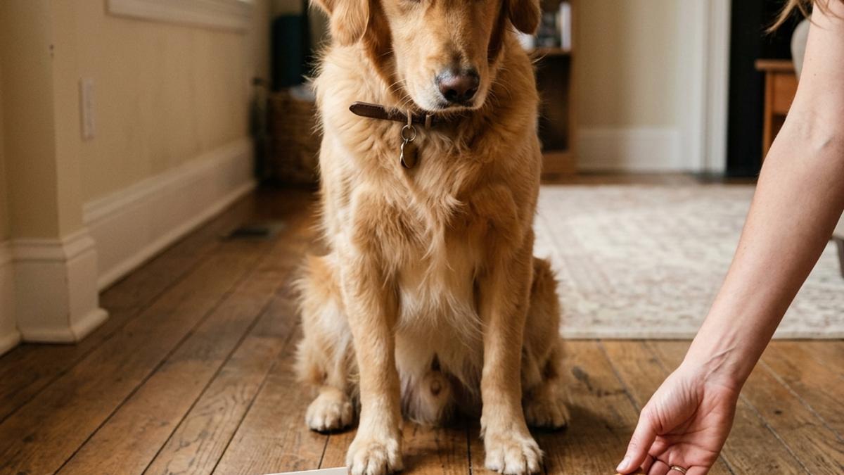 A golden retriever dog sitting on wooden floor and patiently leaving a treat next to a training card