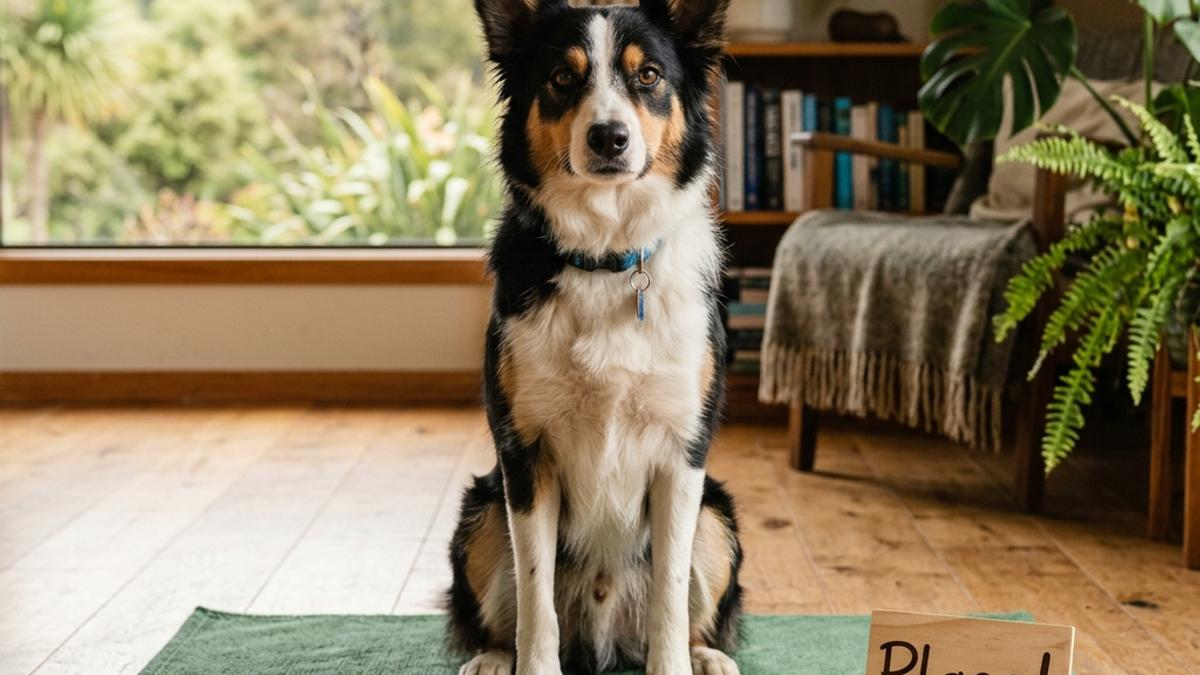 A border collie dog sitting nicely in the middle of a green mat next to a Place card