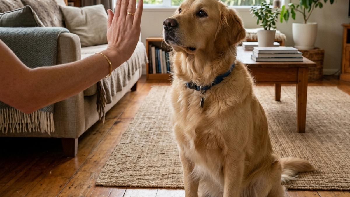 An owner showing a flat palm stay gesture to a Golden Retriever dog sitting patiently in living room next to a Stay card
