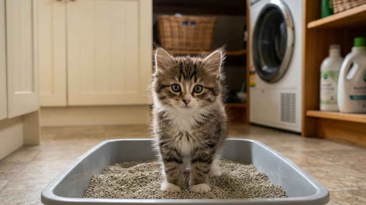 A fluffy small kitten standing inside a clean grey plastic litter box in a laundry room