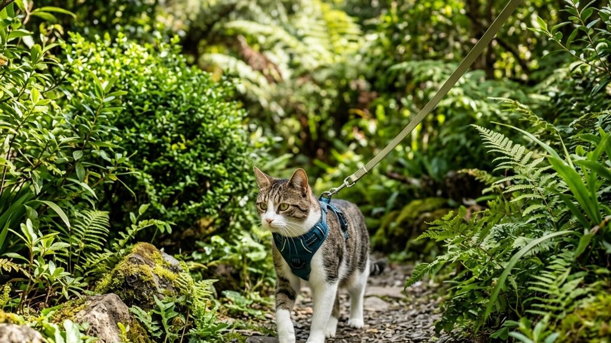 A domestic cat wearing a secure blue harness and leash walking on a path in a leafy New Zealand garden