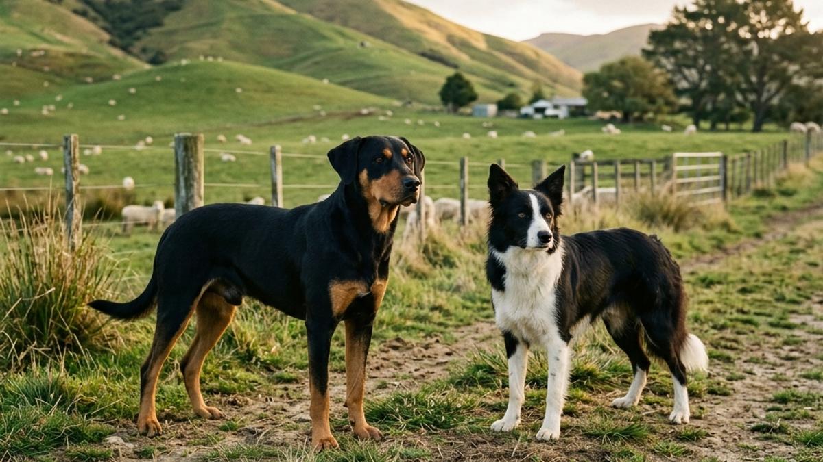 A strong black-and-tan Huntaway dog and an alert black-and-white Border Collie standing side-by-side on a rustic New Zealand sheep farm