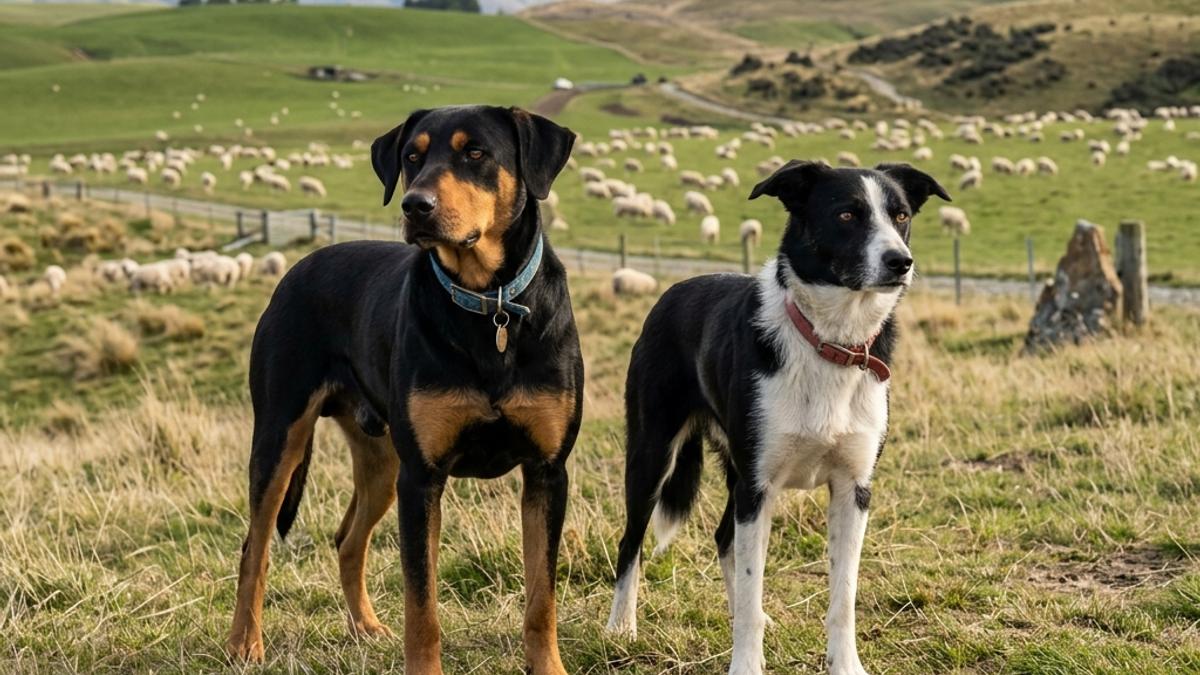 A black and tan Huntaway and a black and white Heading dog standing on an alpine farm paddock