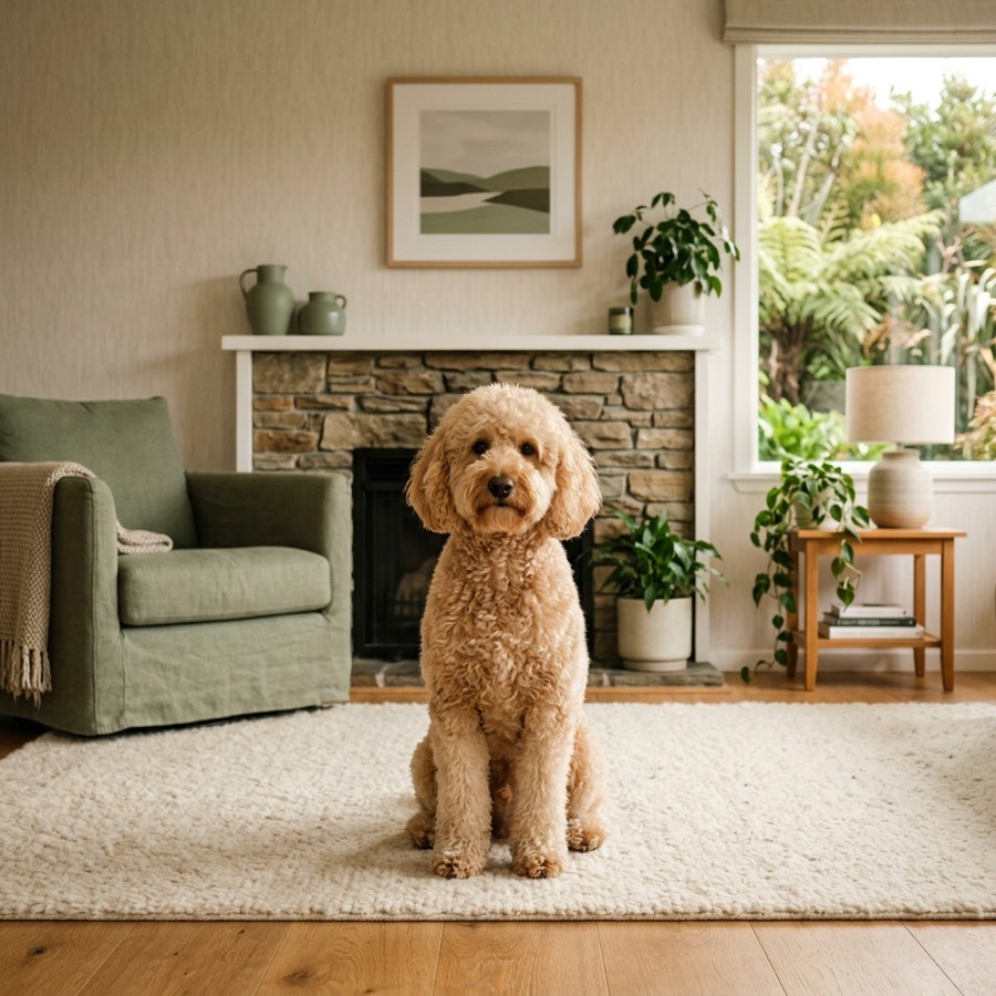 A well-groomed hypoallergenic dog sitting calmly in a cozy New Zealand home with sage green decor accents