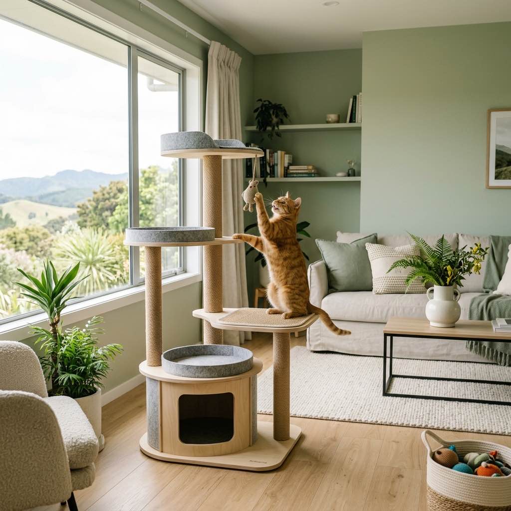 A sleek modern cat tree in a bright living room with a cat playing