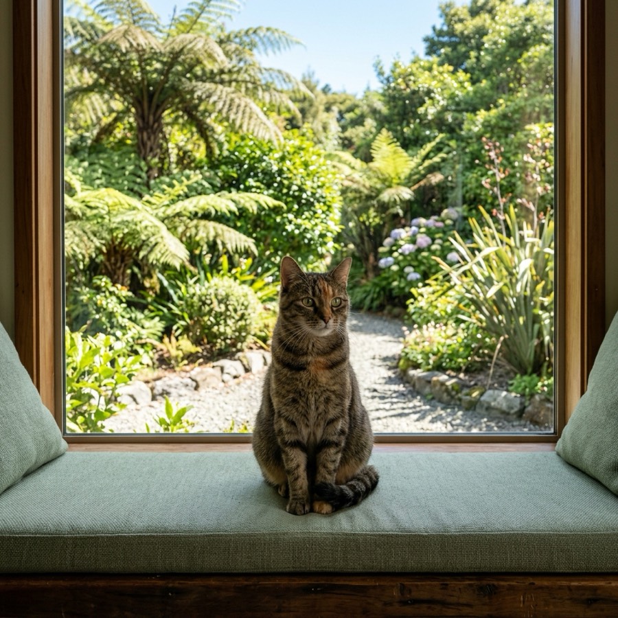 A content tabby cat sitting safely inside a sunlit New Zealand home looking out of a large window
