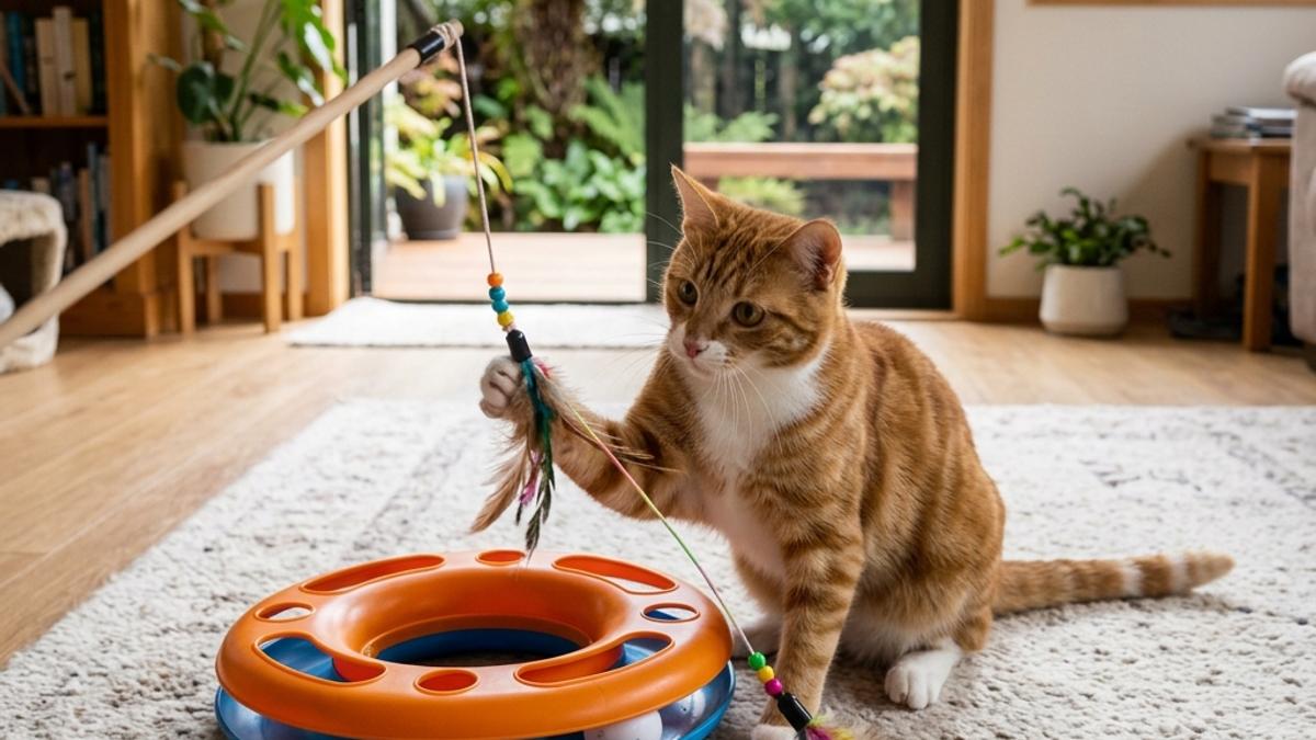 A ginger cat playing with a feather wand and circular track toy on a grey rug in New Zealand