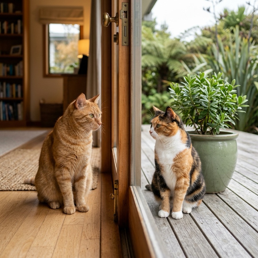 Two cats looking calmly at each other through a glass door in a warm New Zealand home