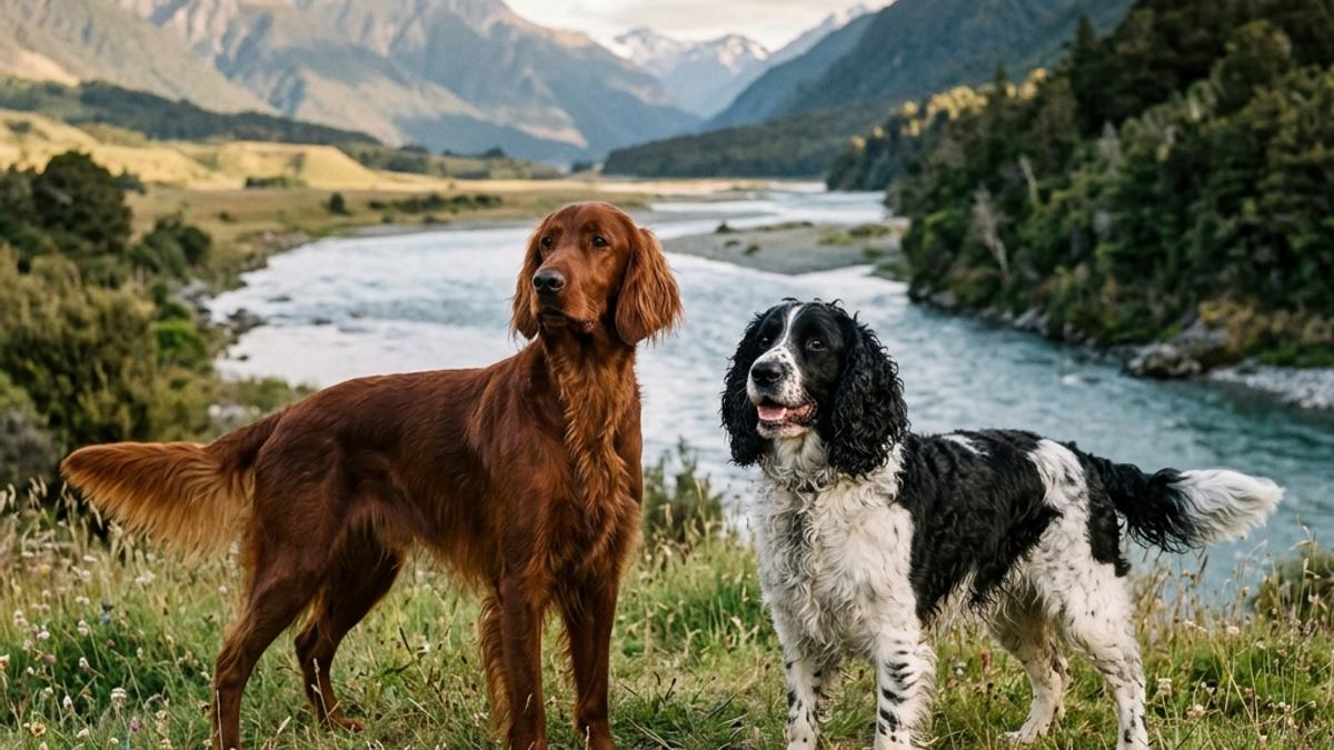 A red Irish Setter and a black-and-white English Springer Spaniel standing side-by-side in a scenic New Zealand river valley