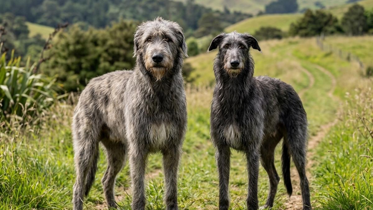 A massive wiry-coated Irish Wolfhound and a tall slender Scottish Deerhound standing side-by-side on an outdoor grassy path in New Zealand