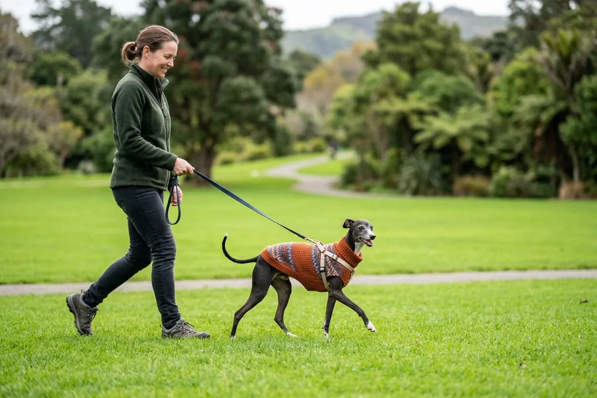 A slender healthy adult Italian Greyhound in a fitted warm knitted sweater walking calmly across green park grass with its owner in New Zealand