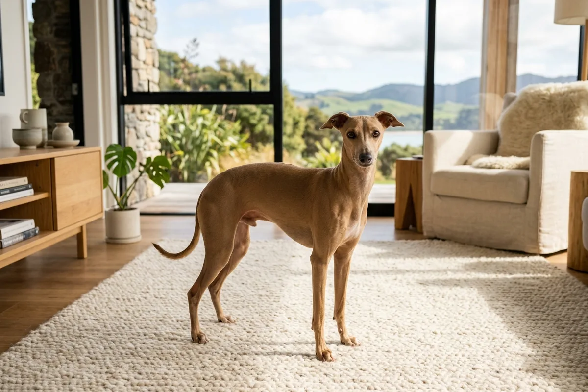 A sleek fawn Italian Greyhound dog standing gracefully on a soft carpet in a sunlit living room