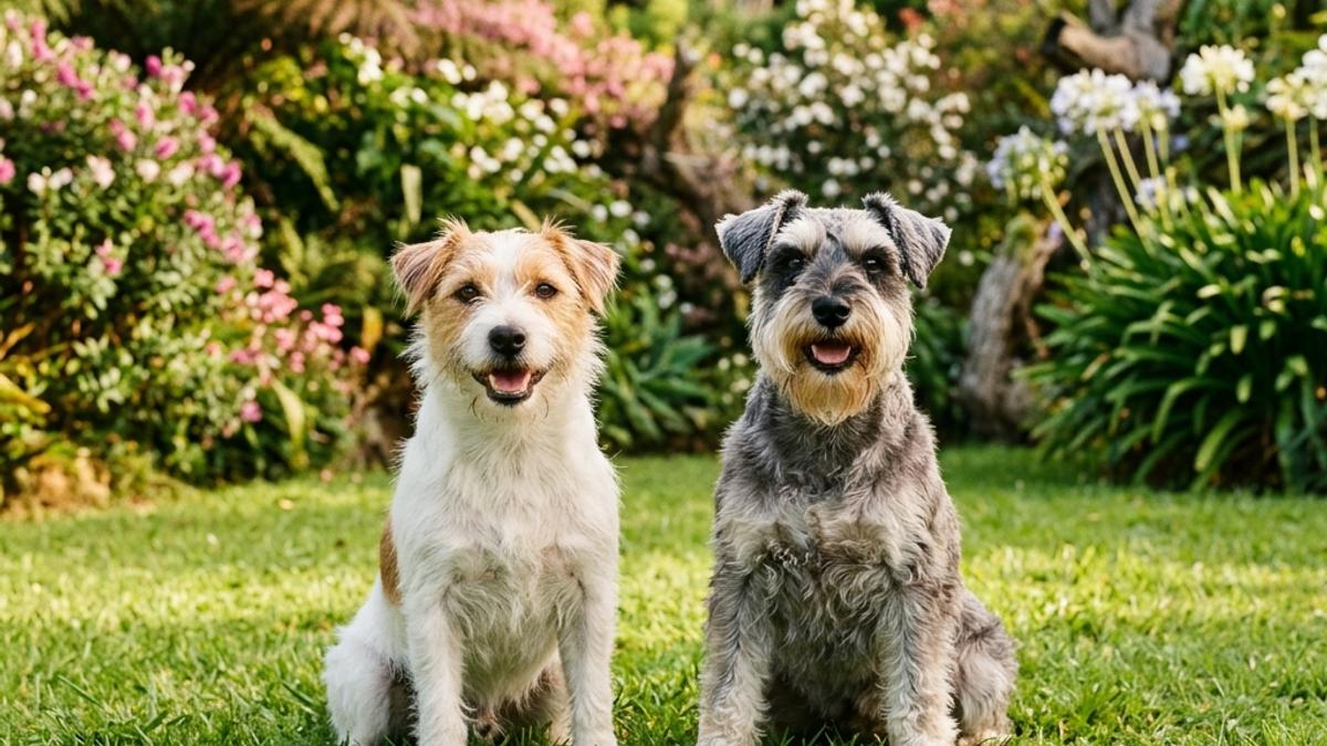 A happy Jack Russell Terrier and a Miniature Schnauzer sitting together in a New Zealand garden, illustrating the breed comparison guide