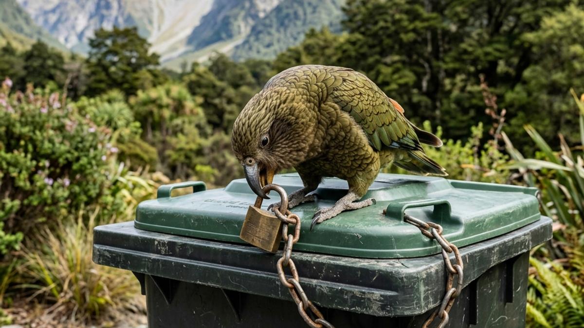 A green Kea parrot perched on a locked wheelie bin trying to peck the lock in a New Zealand South Island garden